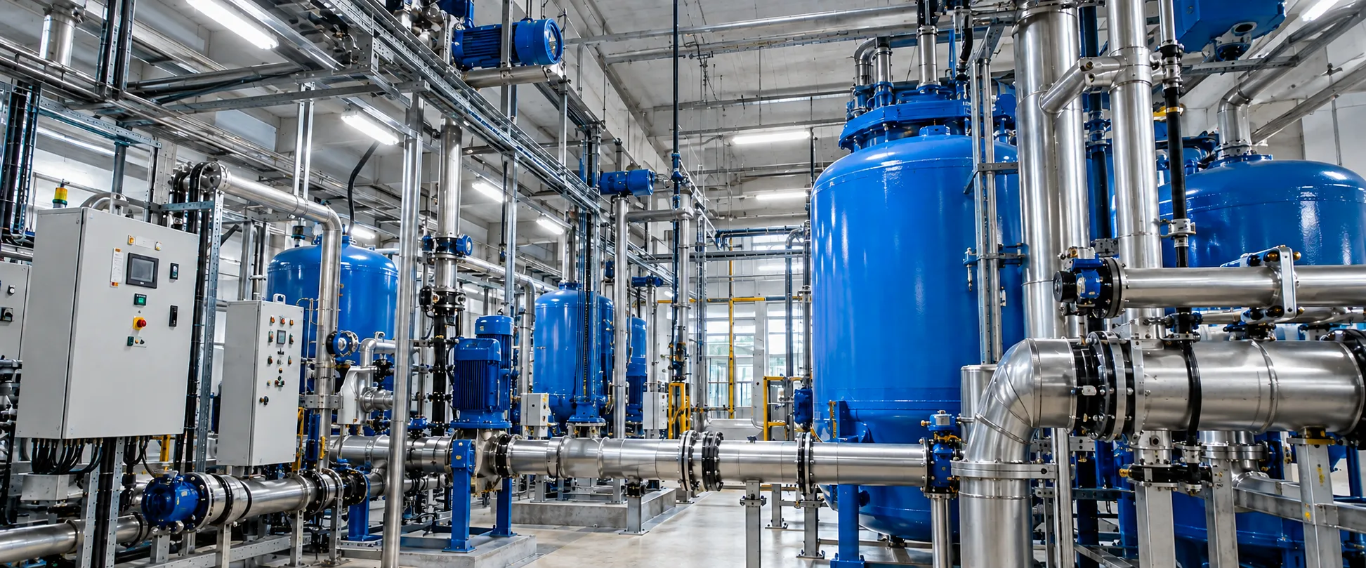 Planta industrial de tratamiento de agua con tuberías y depósitos presurizados