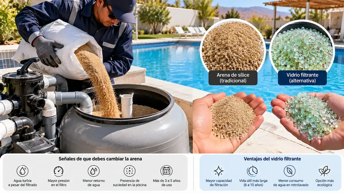 Cambio de medio filtrante en filtro de piscina y revisión de crepinas inferiores