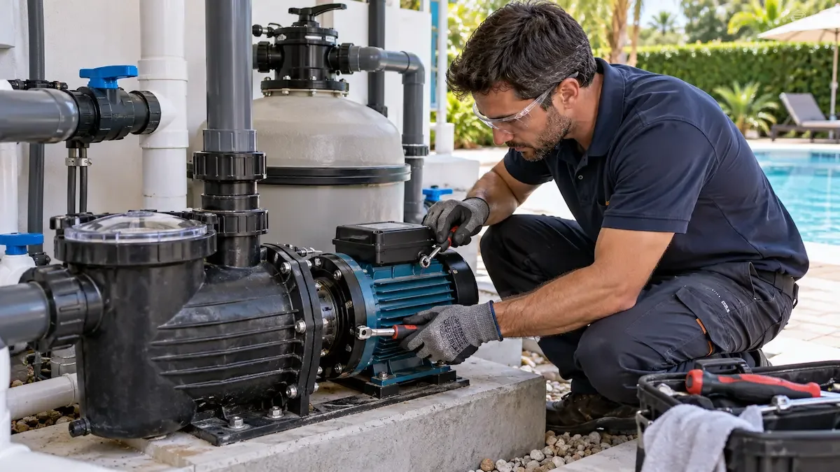 Técnico inspeccionando el sello mecánico y motor de una electrobomba de piscina
