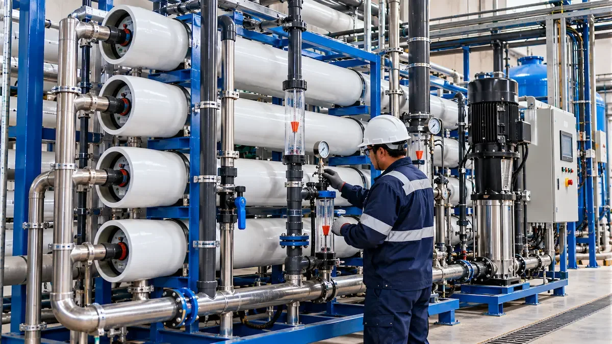 Rack de membranas industriales de ósmosis inversa en planta de agua