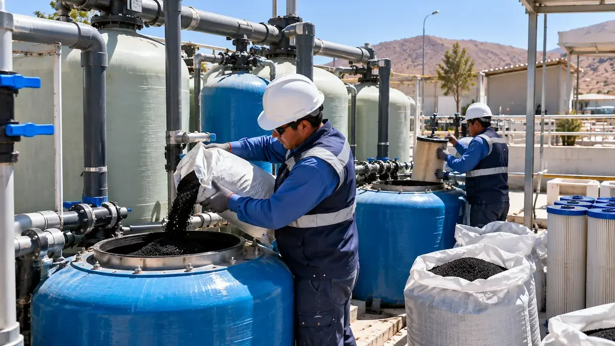 Técnico cambiando carbon a piscina