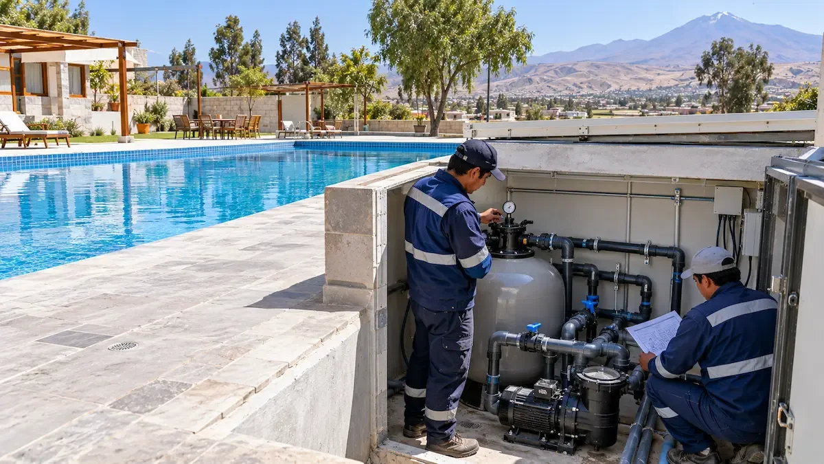 Técnico revisando el dimensionamiento y la instalación de equipos de filtración y circulación