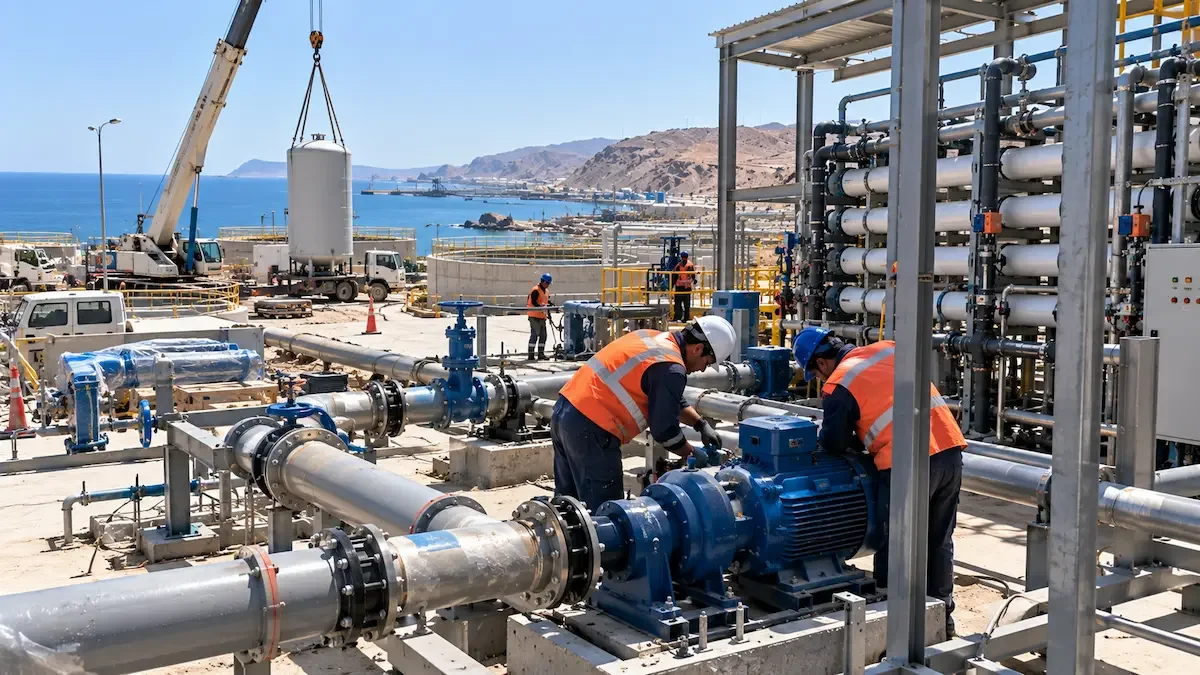 Técnico montando bombas de agua