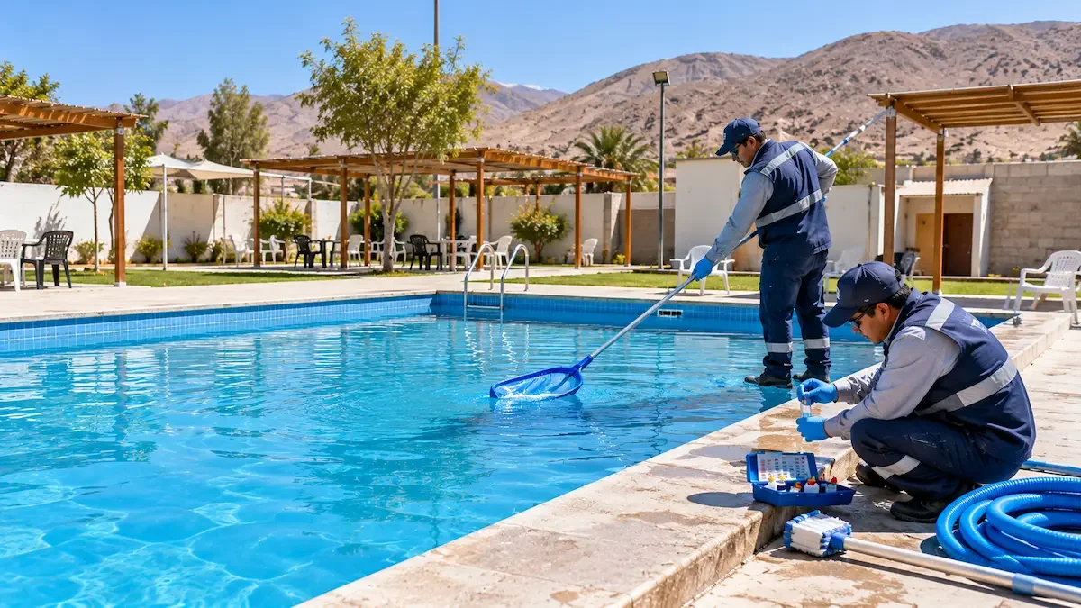 Técnico limpiando piscina