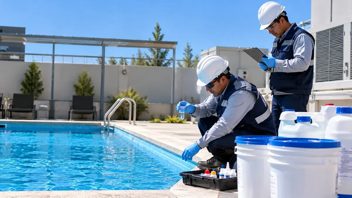 Técnico revisando los insumos químicos de la piscina